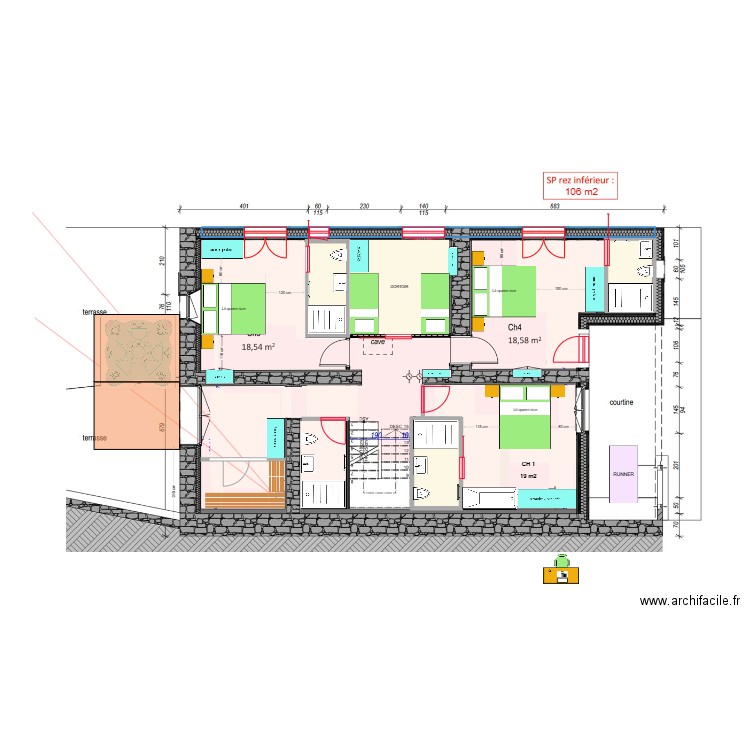 Béné r jardin sauna a la place de chambre. Plan de 3 pièces et 10 m2