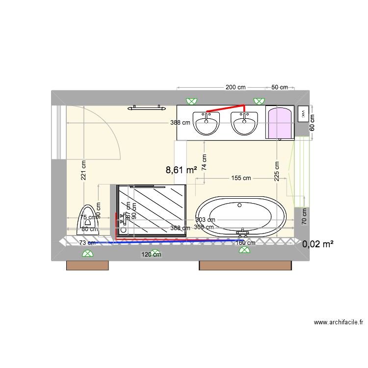 salle de bain etage. Plan de 2 pièces et 9 m2