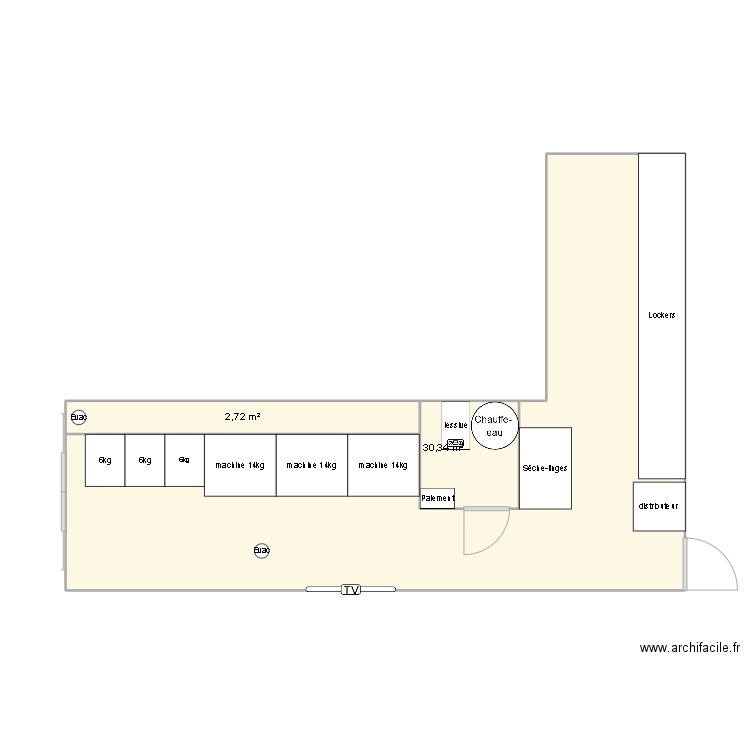 laverie. Plan de 3 pièces et 36 m2