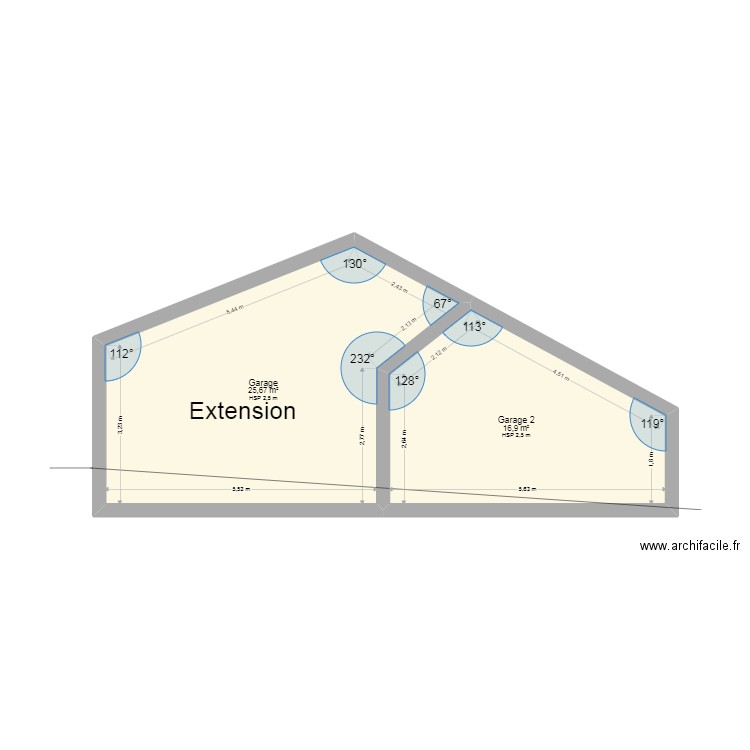 Extension garage 2 pignon. Plan de 2 pièces et 43 m2