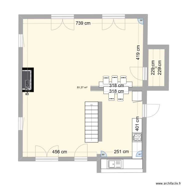 RDC. Plan de 2 pièces et 64 m2