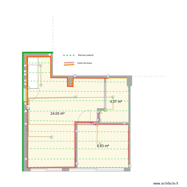 Studio electricite  et rail placo plafond. Plan de 3 pièces et 37 m2