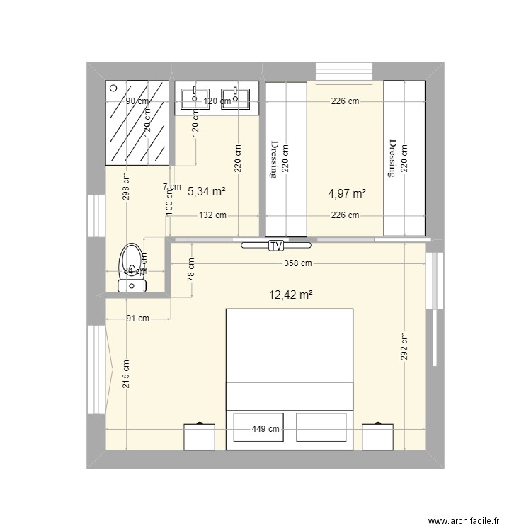 suite parentale. Plan de 3 pièces et 23 m2