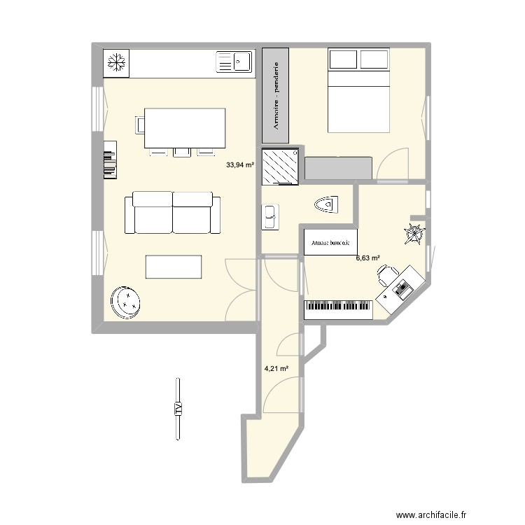 DAUMESNIL V Jr en long. Plan de 3 pièces et 45 m2