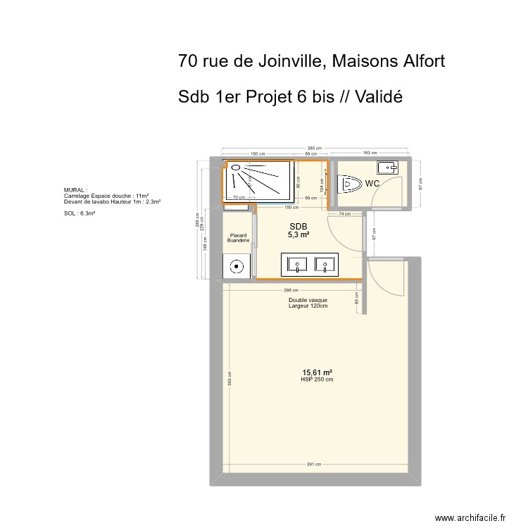 70 Joinville SDB Zone carrelées. Plan de 6 pièces et 23 m2