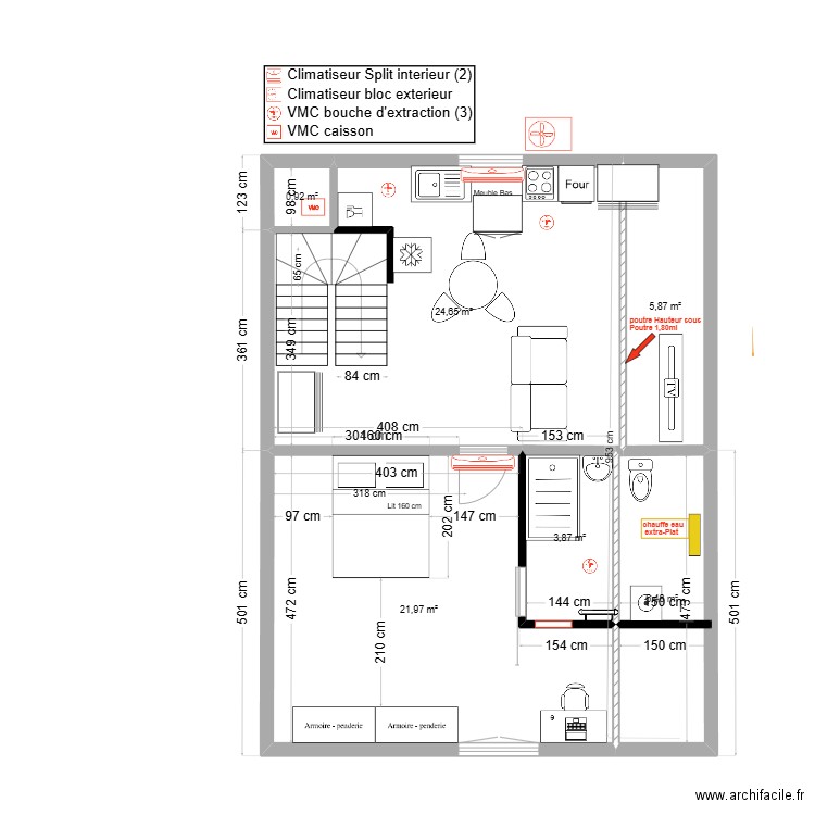 immeuble1 3ème Chauff-VMC V3 T2 . Plan de 6 pièces et 64 m2