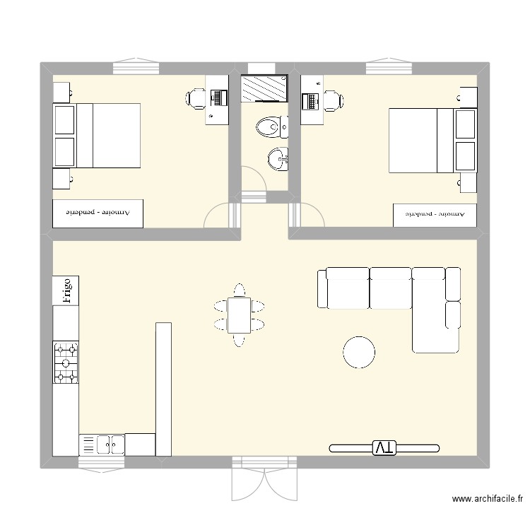 Deux chambres . Plan de 4 pièces et 70 m2