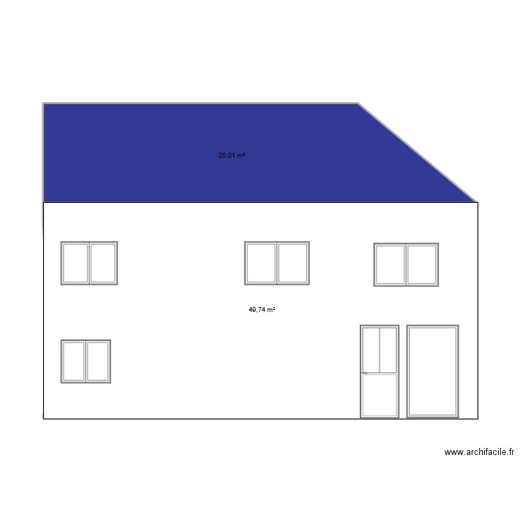 Façade est. Plan de 2 pièces et 70 m2