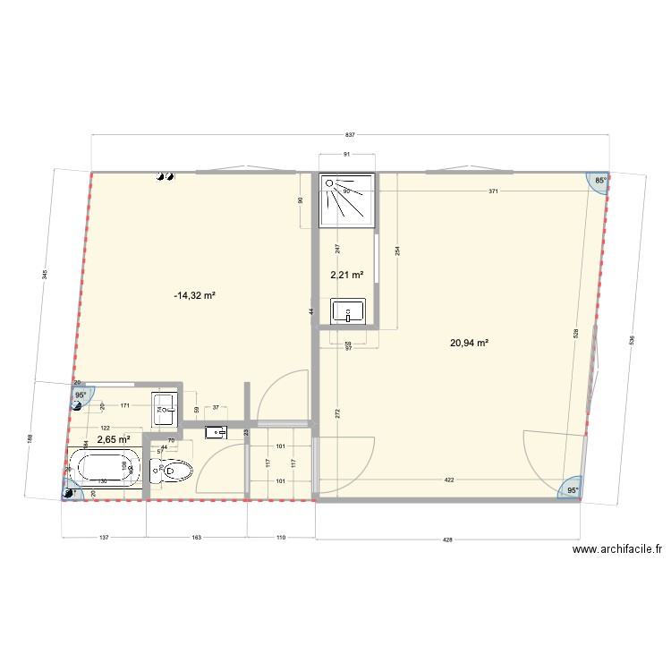 RDCgrande salle. Plan de 4 pièces et 27 m2