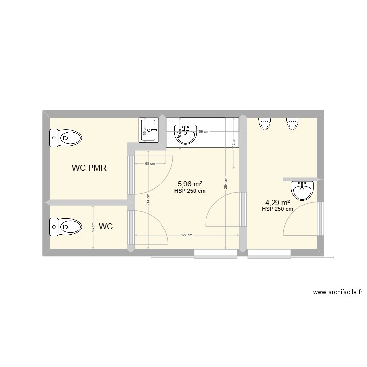 WC . Plan de 4 pièces et 15 m2