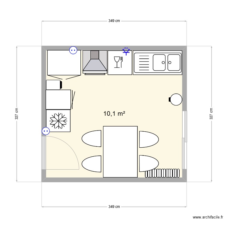 Cuisine. Plan de 1 pièce et 10 m2