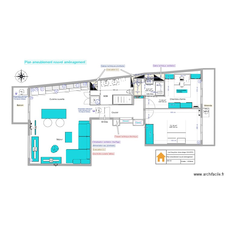 Plan  Electricité nouvel agencement . Plan de 7 pièces et 30 m2