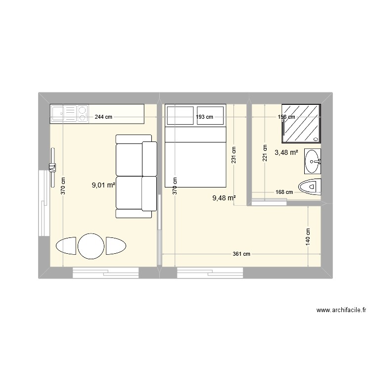 Saucats2. Plan de 3 pièces et 22 m2