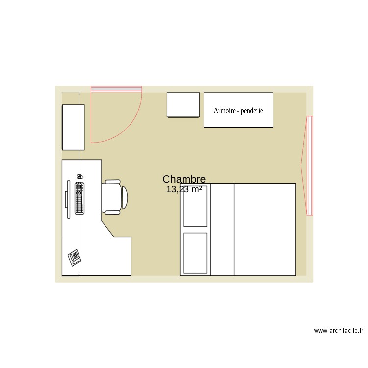 Chambre initiale. Plan de 1 pièce et 13 m2