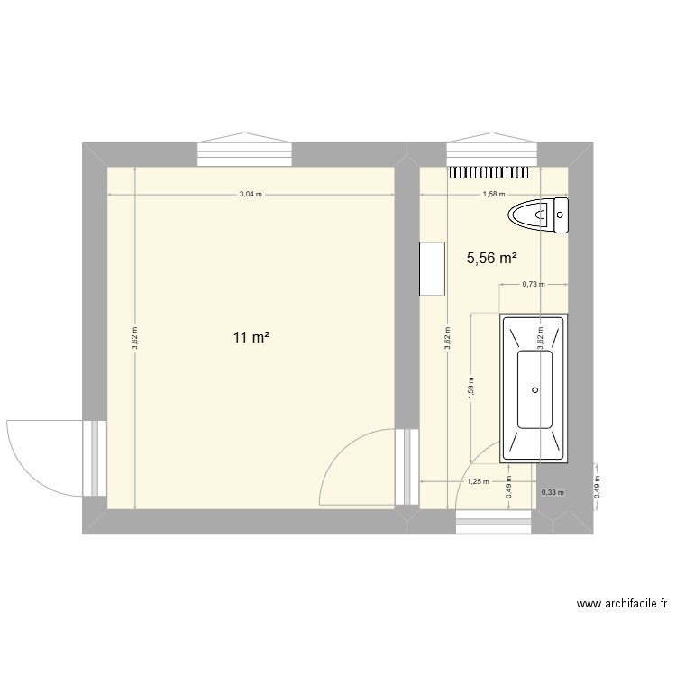 bain Fontaine. Plan de 2 pièces et 17 m2