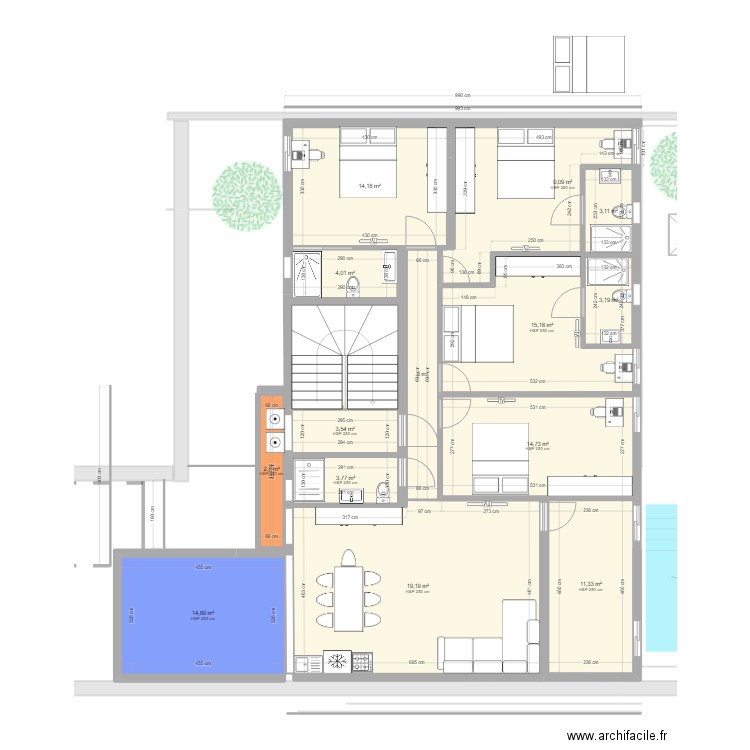 pc modificatif. Plan de 34 pièces et 379 m2