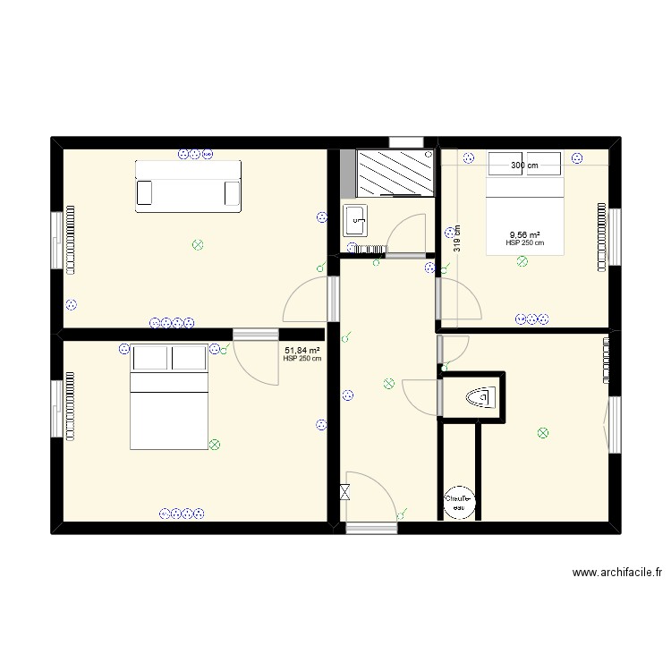 meg. Plan de 2 pièces et 61 m2