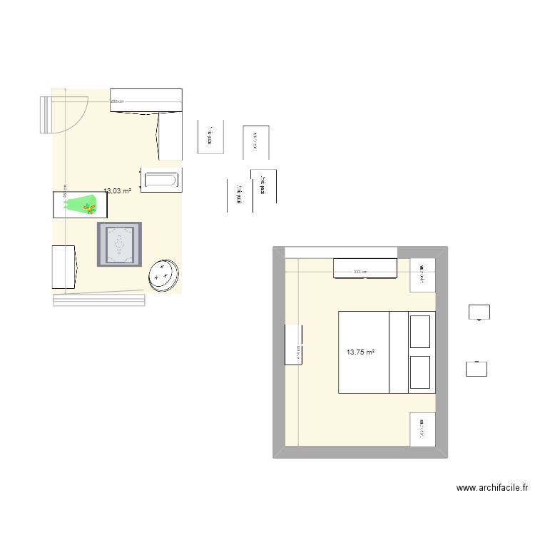 Chambre Leonie. Plan de 2 pièces et 27 m2