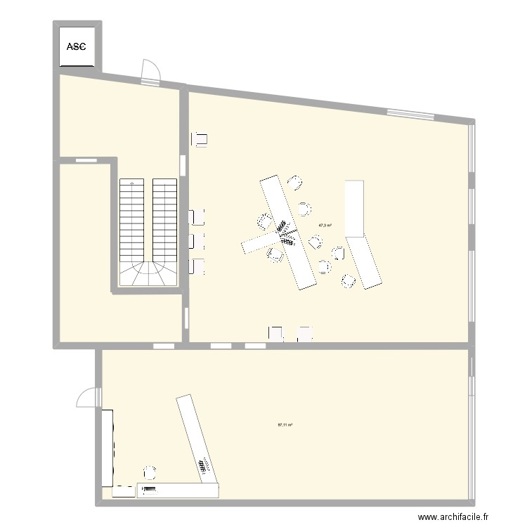 magasin. Plan de 3 pièces et 215 m2