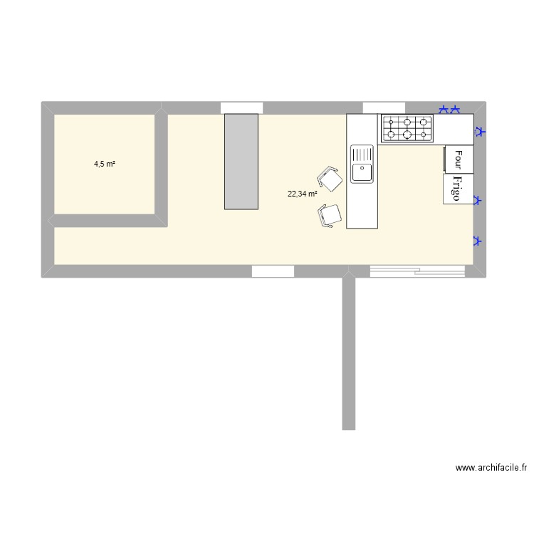 cuisine. Plan de 2 pièces et 27 m2