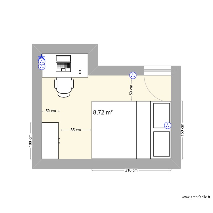 ma chambre. Plan de 1 pièce et 9 m2