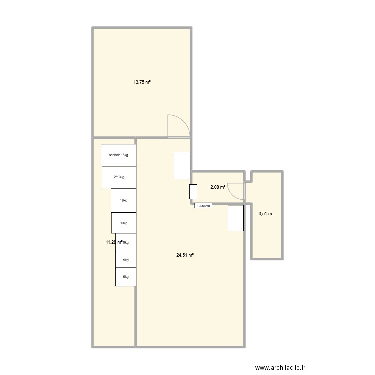 laverie salond. Plan de 5 pièces et 55 m2