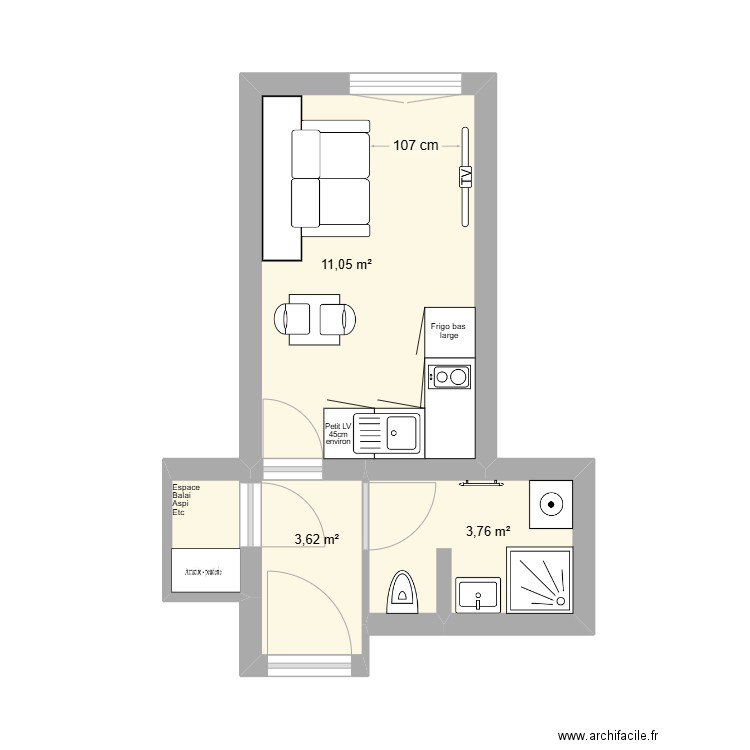 Manon & Pierre V3. Plan de 3 pièces et 18 m2