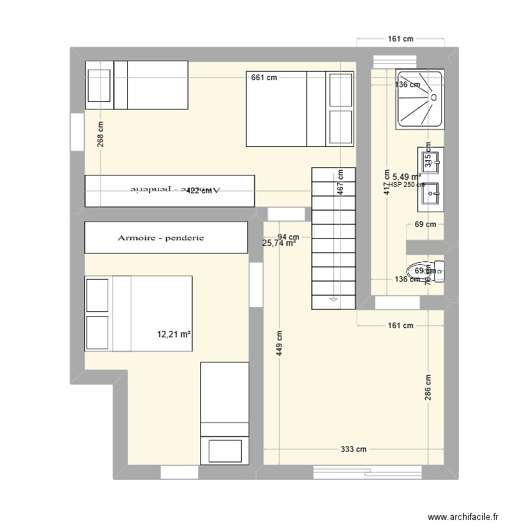 Solaro Etage V2. Plan de 3 pièces et 43 m2