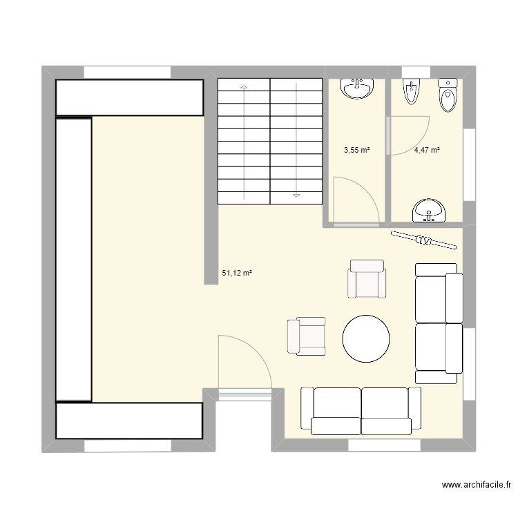 RDC Marjane. Plan de 3 pièces et 59 m2