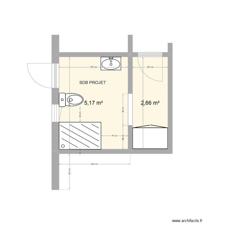 Salle de bains 02. Plan de 2 pièces et 8 m2