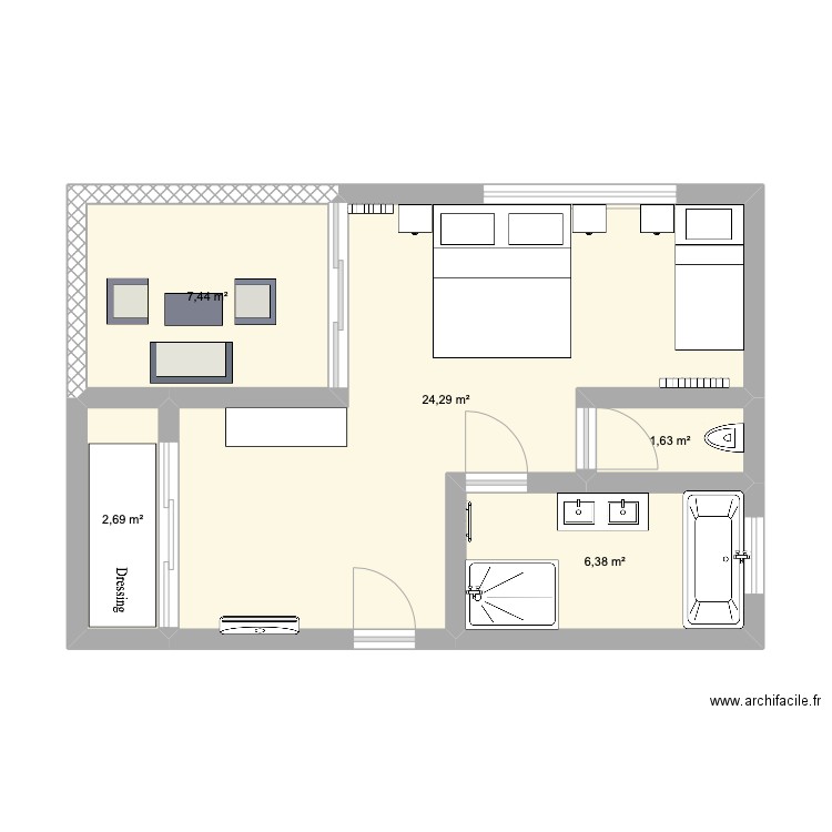 Chambre suite. Plan de 5 pièces et 42 m2