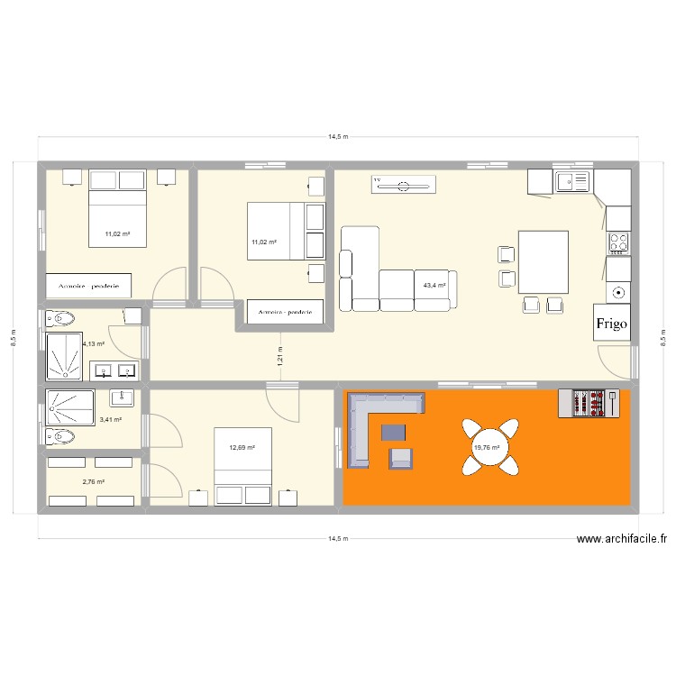 maison 89 m² + ter 20 m². Plan de 8 pièces et 108 m2