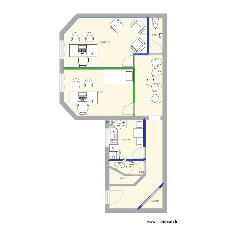 Cabinet. Plan de 10 pièces et 56 m2