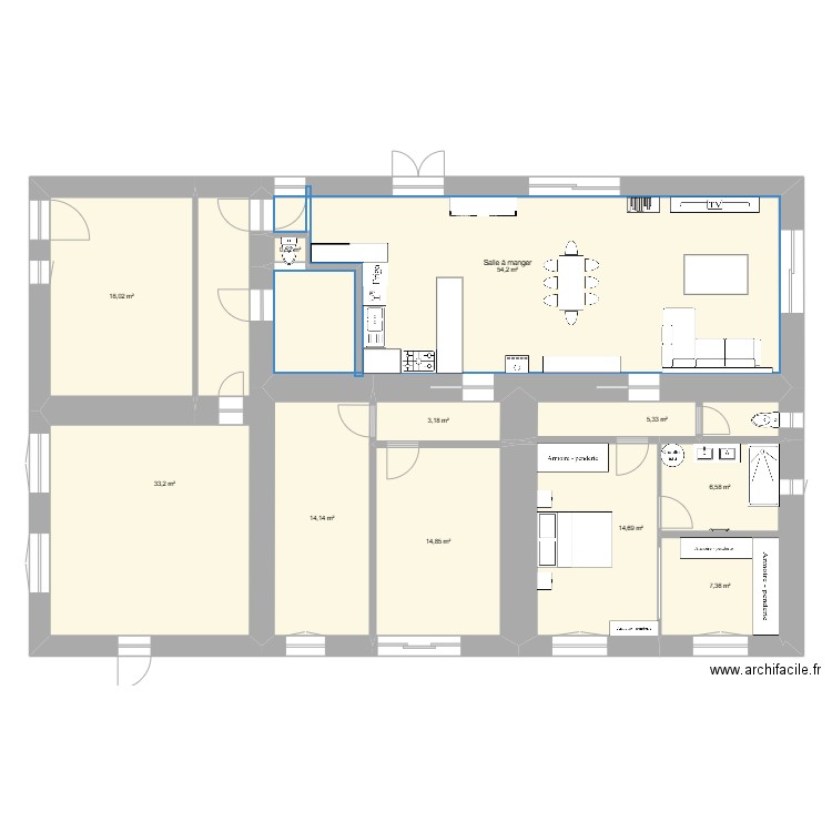 chambres aménagées. Plan de 11 pièces et 172 m2