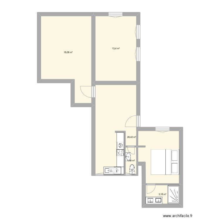 RDC 1. Plan de 5 pièces et 63 m2