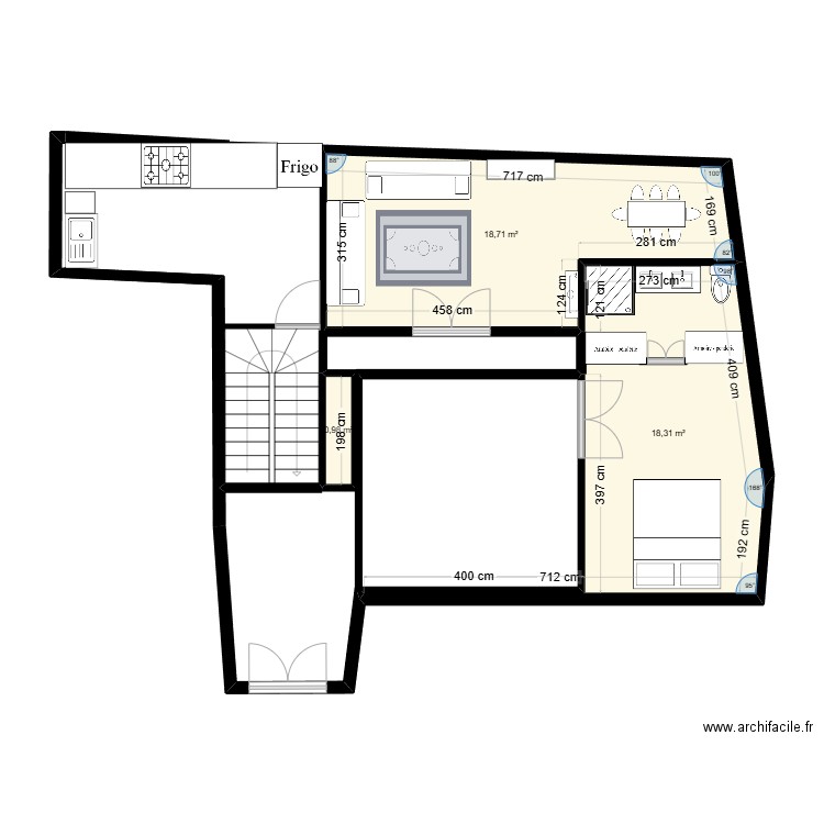 REZ DE CHAUSSEE. Plan de 3 pièces et 38 m2