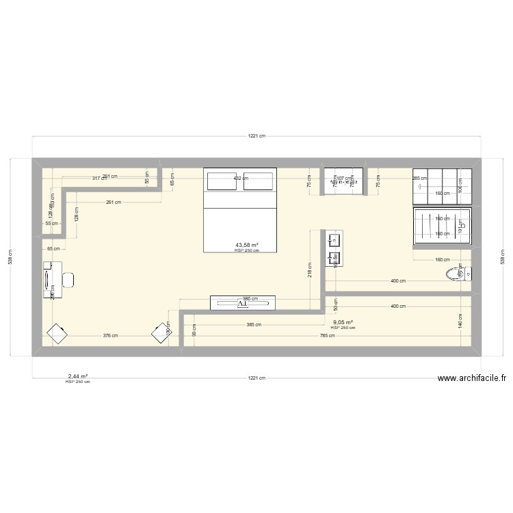 chambre. Plan de 3 pièces et 55 m2