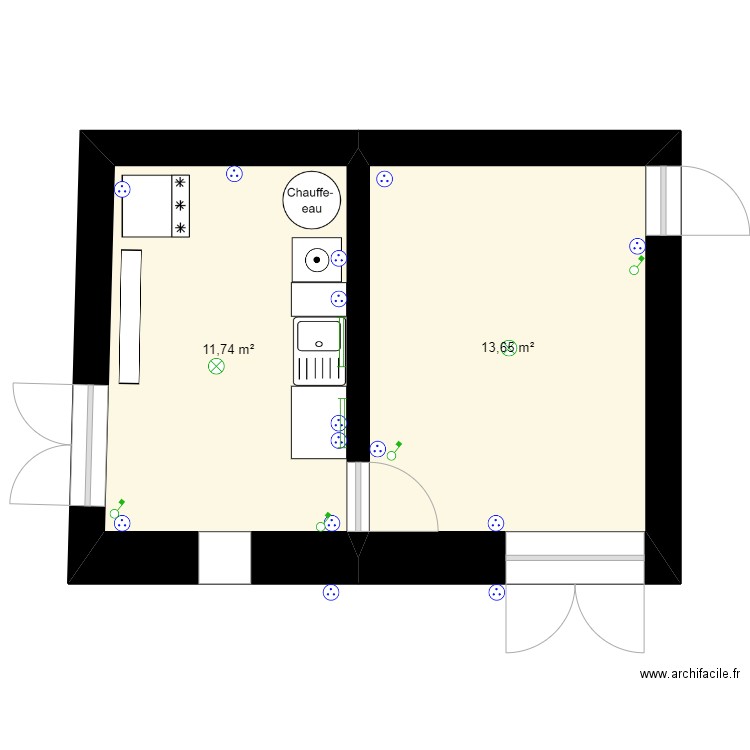 Nouvelle pièce bas. Plan de 2 pièces et 25 m2