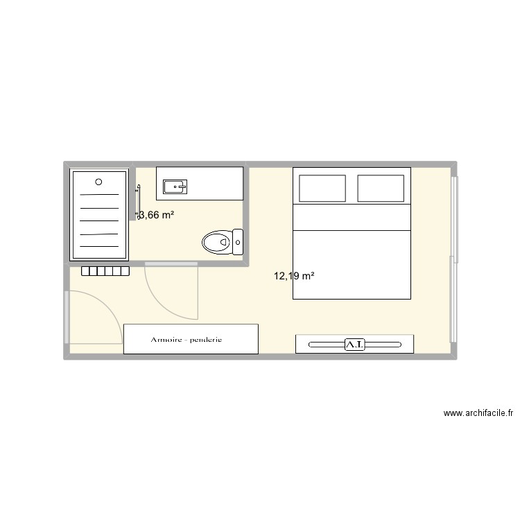 chambre. Plan de 2 pièces et 16 m2