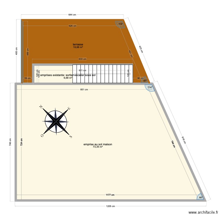 emprise au sol+terrasse. Plan de 3 pièces et 100 m2