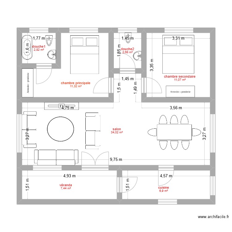 appartement. Plan de 7 pièces et 76 m2