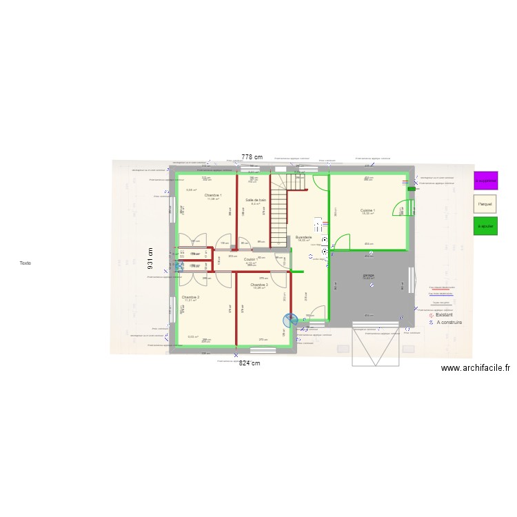 RDC_peintures. Plan de 16 pièces et 94 m2