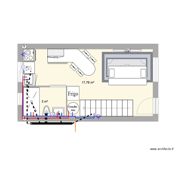 RDC. Plan de 2 pièces et 24 m2