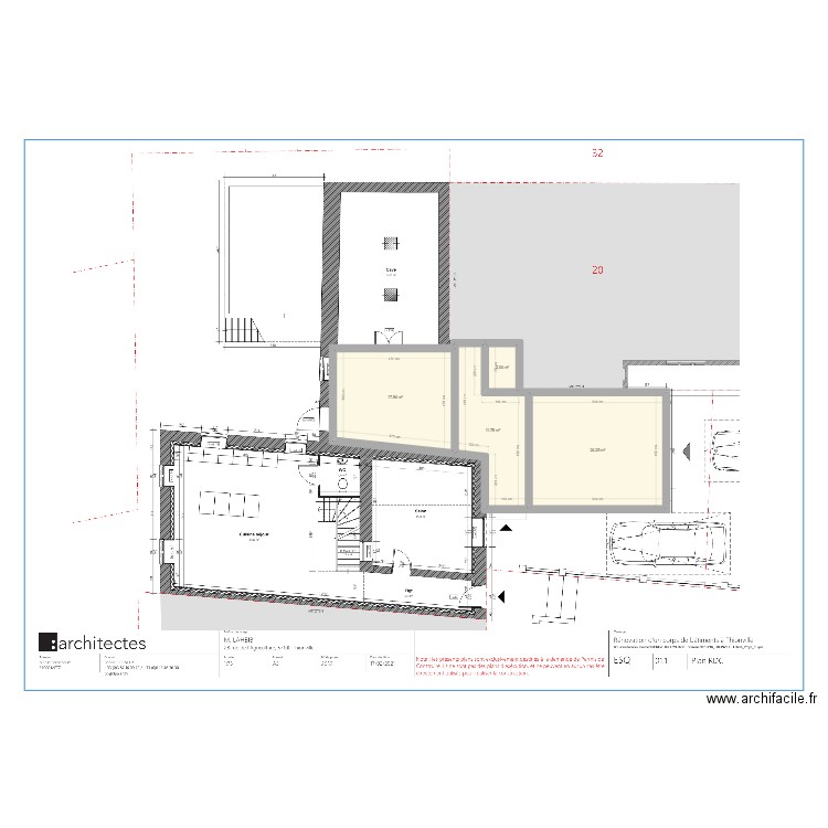 RDC. Plan de 4 pièces et 56 m2