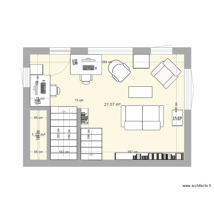 Bureau 2. Plan de 2 pièces et 23 m2