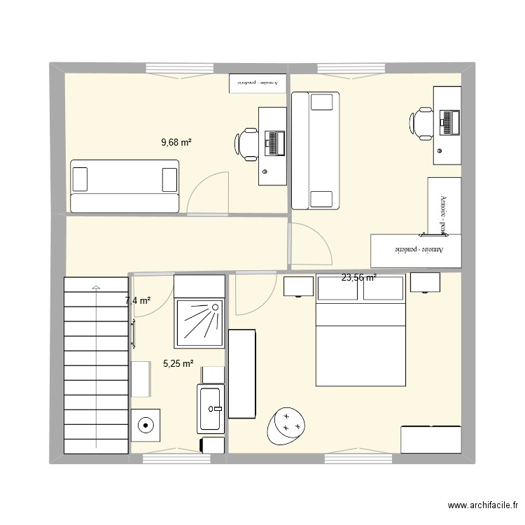 Chambres. Plan de 4 pièces et 46 m2