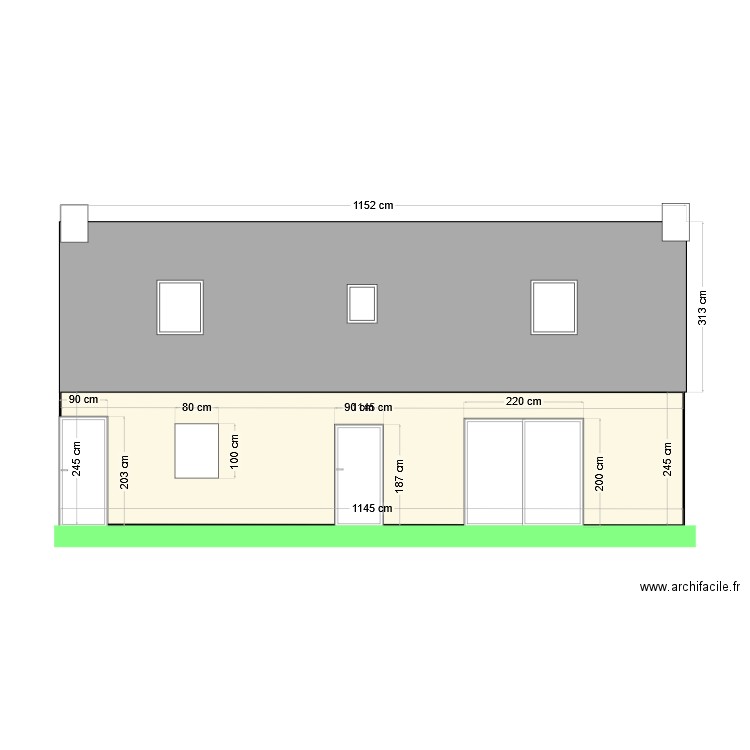 Façade Sud. Plan de 1 pièce et 28 m2