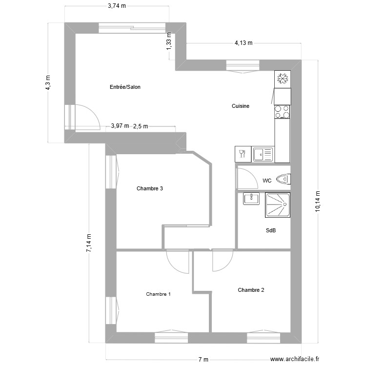 Projet après extension. Plan de 2 pièces et 13 m2