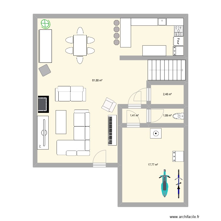 rdc. Plan de 5 pièces et 85 m2