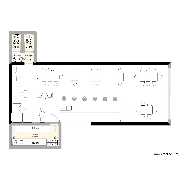 Bar. Plan de 4 pièces et 14 m2